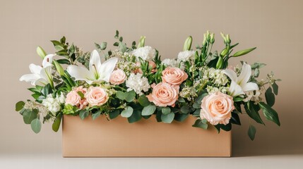 Delivery box filled with vibrant fresh flowers in warm chocolate brown tone setting for creative mock up design. Generative AI