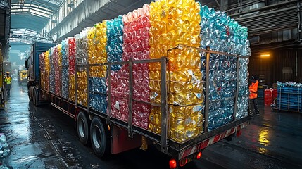 Fototapeta premium Transporting colorful plastic bottles recycling center sustainability initiative urban environment industrial viewpoint
