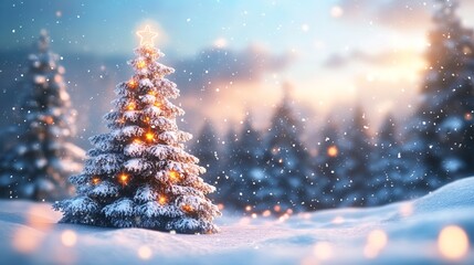 Mountains covered in snow for a winter holiday. Christmas tree