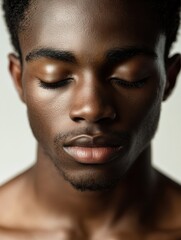 Fototapeta premium Contemplative young African black man eyes closed in mindful meditation