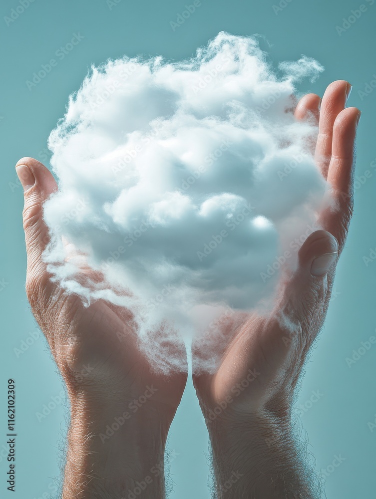 Poster hands holding online networking cloud diagram. cloud computing and communication concept.