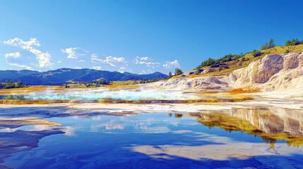 Vibrant Hot Spring in a Scenic National Park Surrounded by Lush Mountains and Clear Sky Captured During the Daytime in Yellowstone