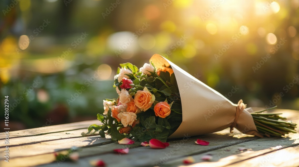 Poster Fresh bouquet wrapped in kraft paper resting on a wooden table in a sunlit garden setting with space for text. Generative AI