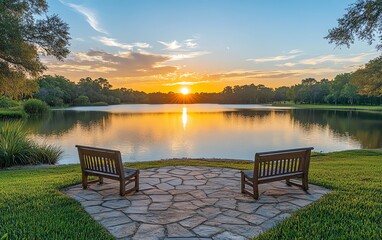 A serene and panoramic view of a tranquil lake at twilight, golden sunset over calm water, distant trees, and a bright blue sky