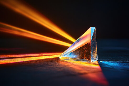 A triangular prism refracts light, creating vibrant, multicolored beams on a dark surface.