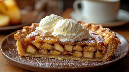 Delicious apple pie slice with vanilla ice cream, served on a plate.