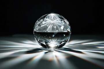 A brilliantly cut crystal sphere casts dazzling rays of light on a dark surface, showcasing its intricate facets and sparkling brilliance.