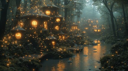 Naklejka premium Enchanted forest scene with glowing houses and a serene stream.
