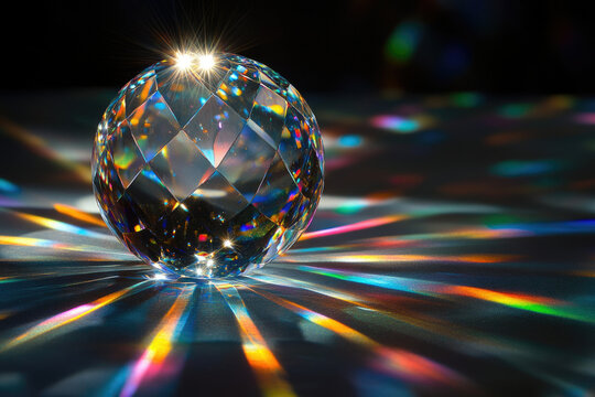 A faceted crystal sphere refracts light, creating vibrant rainbow rays on a dark surface.