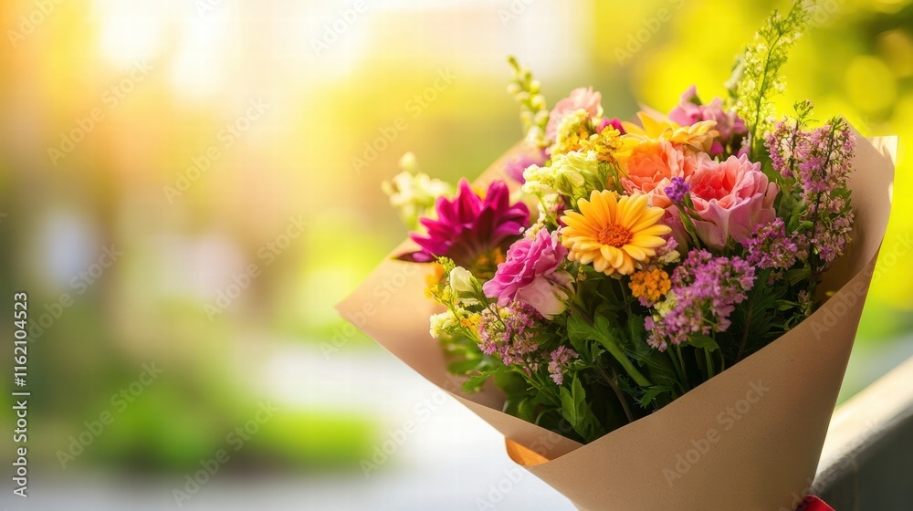 Fototapete colorful flower bouquet wrapped in kraft paper with natural light and bokeh background for custom te