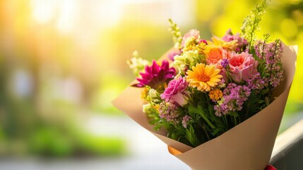 Fototapeta premium Colorful flower bouquet wrapped in kraft paper with natural light and bokeh background for custom text placement. Generative AI