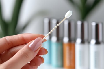 Close-up of a hand holding a cotton swab with nail polish bottles in the background.