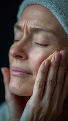 Fototapeta premium Close-up of a woman with her eyes closed, gently touching her face.
