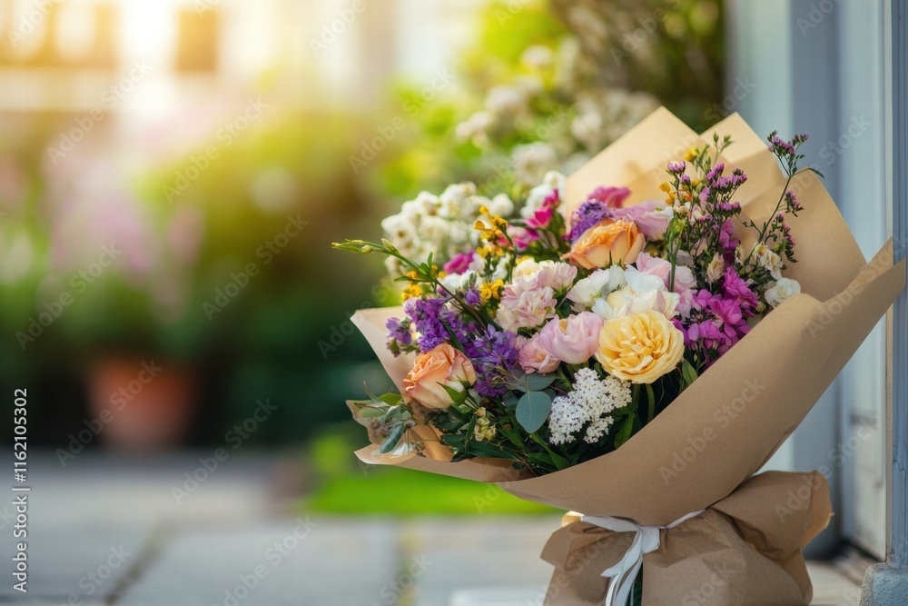 Poster colorful flower bouquet wrapped in kraft paper for special occasions with ample space for personaliz