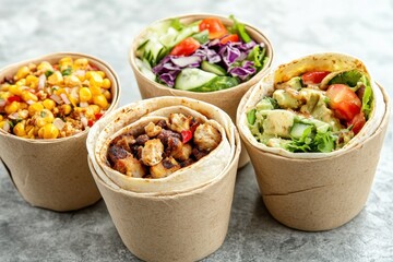 Colorful wraps and salads are presented in paper containers showcasing diverse ingredients like grilled chicken, fresh vegetables, and corn. Ideal for quick, nutritious meals.