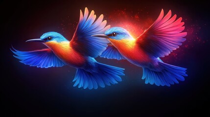 Naklejka premium Two vibrant, colorful birds in flight against a dark background.