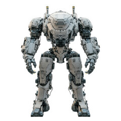 a futuristic. white. humanoid robot with mechanical limbs. a large. round head. and a variety of details it is standing on a transparent background