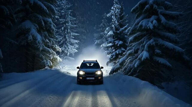 Driving through a snowy forest at night with headlights illuminating the path ahead