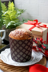 Panettone is a traditional Italian sweet bread, rich with dried fruits and citrus, often enjoyed during the holidays.