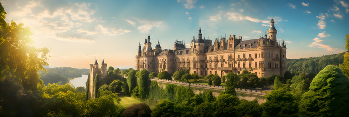 Naklejka premium Iconic Display of Majestic Medieval European Castle Surrounded by Nature's Beauty