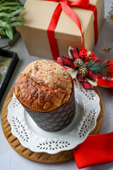 Panettone is a traditional Italian sweet bread, rich with dried fruits and citrus, often enjoyed during the holidays.