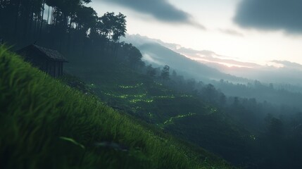 Firefly Lit Rice Terraces at Dawn, Misty Mountain Hut