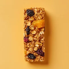 Keuken foto achterwand Top view of a single granola bar with dried fruits on a yellow background. © Abdul