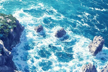 Fototapeta premium The bright blue ocean churns energetically against jagged rocks under a clear sky, evoking the beauty of nature and the power of the sea along the coastline.