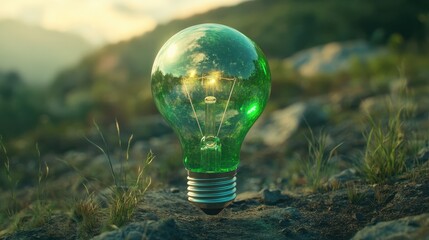 Green light bulb, sustainable development and environmental protection concept