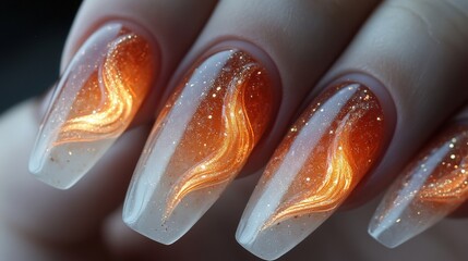 Close-up of elegant nails with fire-like design, ombre effect, and glitter.