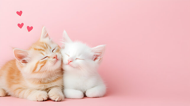 Adorable cats cuddling close-up of cute playful love on pink background