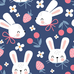 Seamless vector pattern with white rabbit, cherry, strawberry and flowers. Hand drawn cute Easter bunny pattern. Perfect for textile, wallpaper or nursery print design.