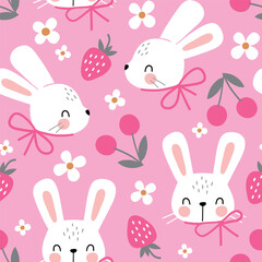 Seamless vector pattern with white rabbit, cherry, strawberry and flowers. Hand drawn cute Easter bunny pattern. Perfect for textile, wallpaper or nursery print design.