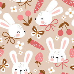 Seamless vector pattern with white rabbit, cherry, strawberry and carrot. Hand drawn cute Easter bunny pattern. Perfect for textile, wallpaper or nursery print design.