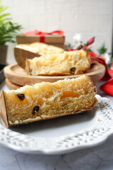 Panettone is a traditional Italian sweet bread, rich with dried fruits and citrus, often enjoyed during the holidays.