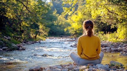 Serene Woman Meditating by a Peaceful River Surrounded by Lush Greenery and Sunlight in Tranquil Natural Environment