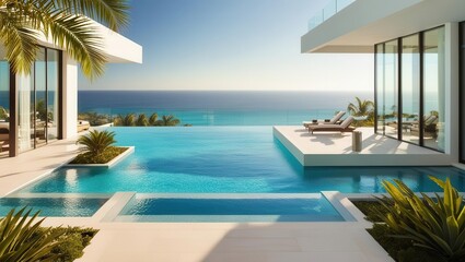 Obraz premium Luxury poolside retreat with ocean view at modern villa coastal paradise high angle relaxation