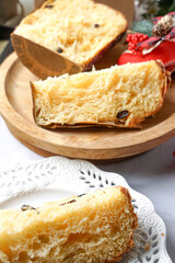 Panettone is a traditional Italian sweet bread, rich with dried fruits and citrus, often enjoyed during the holidays.
