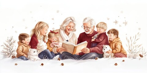 party long holiday family concept. A family reading together in a snowy setting, surrounded by children and pets.