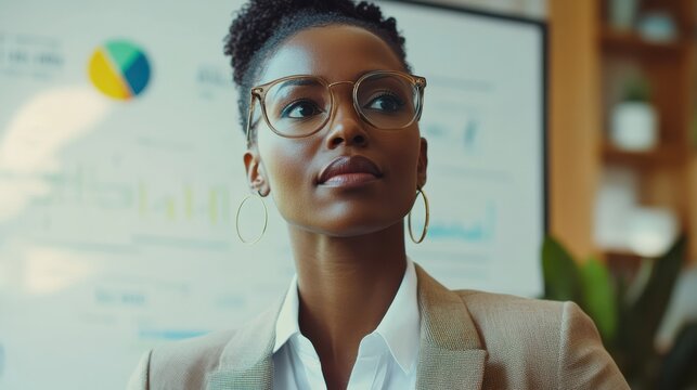 Diverse Office Conference Room Meeting: Successful Black Female Executive Director Presents e-Commerce Fintech Growth Statistics to a Group of Investors. Whiteboard with Big Data Analysis
