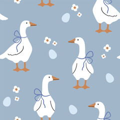 Seamless vector pattern with white goose, flower and egg. Hand drawn cute Easter goose pattern. Perfect for textile, wallpaper or nursery print design. © MirabellePrint