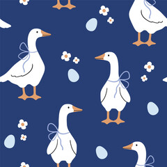 Seamless vector pattern with white goose, flower and egg. Hand drawn cute Easter goose pattern. Perfect for textile, wallpaper or nursery print design.