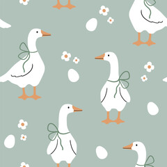 Seamless vector pattern with white goose, flower and egg. Hand drawn cute Easter goose pattern. Perfect for textile, wallpaper or nursery print design.