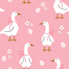 Seamless vector pattern with white goose, flower and egg. Hand drawn cute Easter goose pattern. Perfect for textile, wallpaper or nursery print design.
