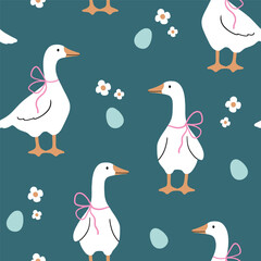 Seamless vector pattern with white goose, flower and egg. Hand drawn cute Easter goose pattern. Perfect for textile, wallpaper or nursery print design.
