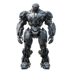 a powerful. futuristic robot with a sleek. black design stands on a transparent background the robot has a humanoid shape and is made of metal plates. joints. and a helmet it looks strong and intimida