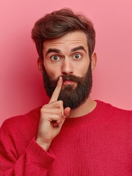 Horizontal shot of mysterious bearded man makes shush gesture, shows hush sign, asks not tell secret, presses index finger to lips, wears red sweater, poses over rosy pastel wall. Secrecy concept