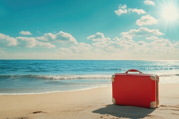 Summer beach scene with red suitcase and sunny sky.