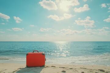 Summer beach scene with red suitcase and sunny sky.
