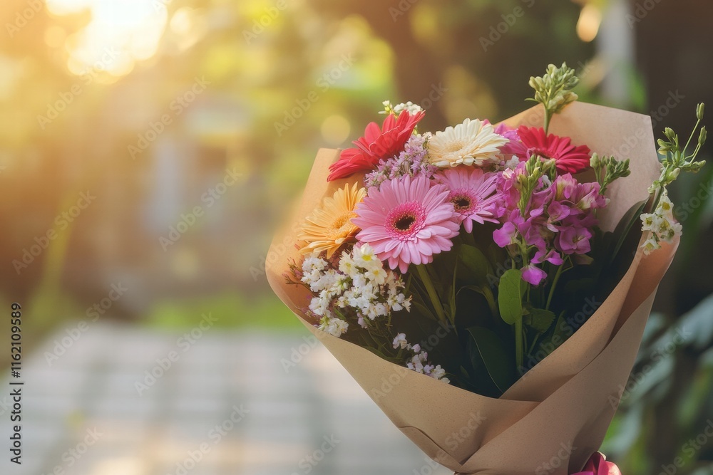 Aufkleber Colorful flower bouquet wrapped in kraft paper with ample copy space for design or text placement. Generative AI